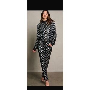 Sparkle Checkerboard Sequin Tracksuit Set Womens Zip Up Jacket Pants Outfit